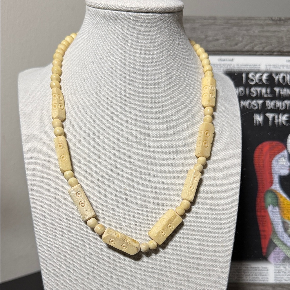 Vintage Hand Carved Bone Bead Necklace Boho Tribal Hairpipe Statement Jewelry